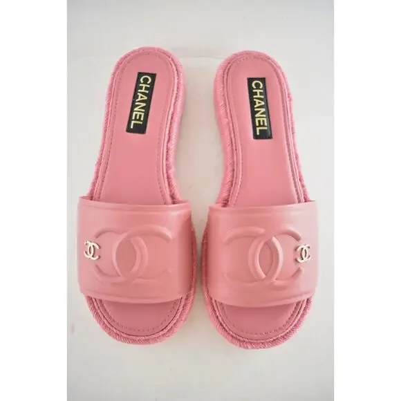 Chanel 23C Pink Lambskin Leather CC Logo Slide Sandal Slip Espadrille Flat 42 - Picture 11 of 15